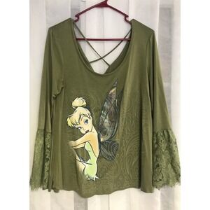 Disney Boutique Tinker Bell Olive Green Lace Bell Sleeve Strappy Back Top Medium